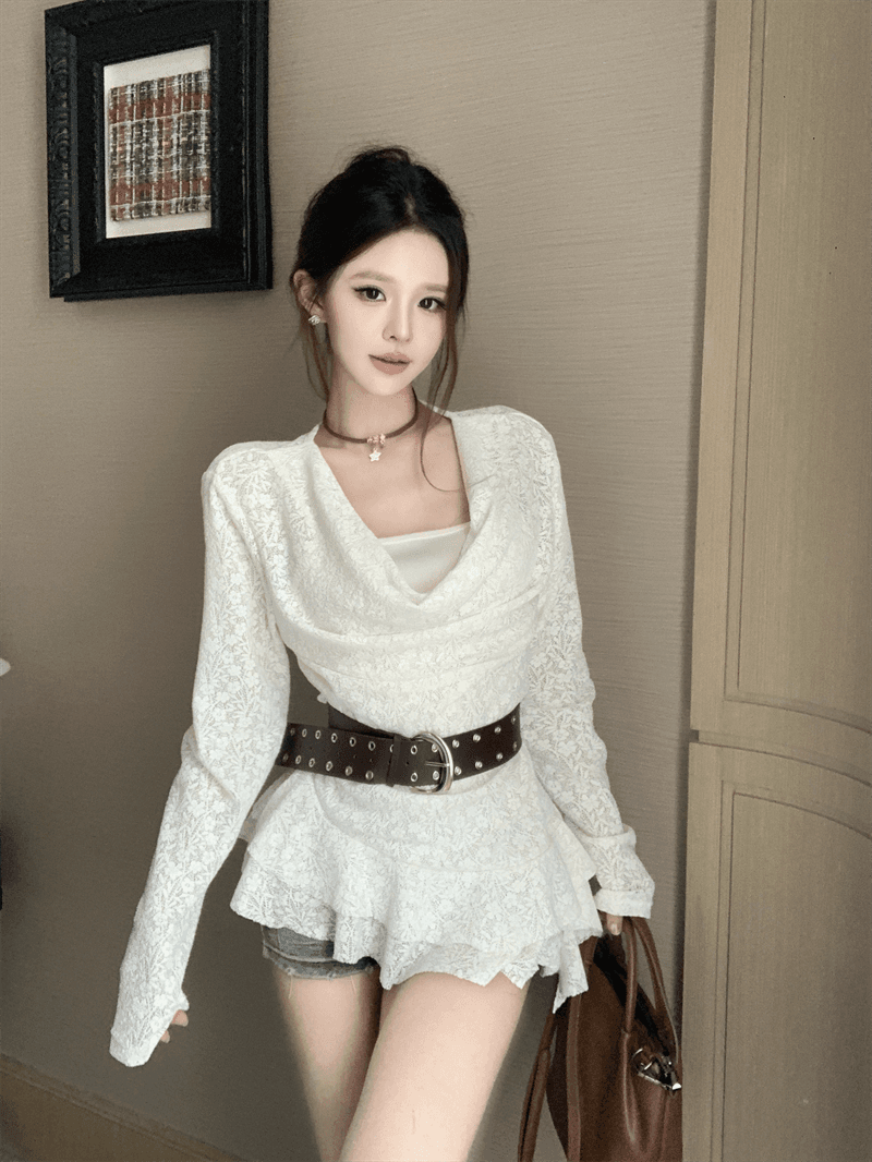 실사 가을 새로운 프랑스식 레트로 품격 연령 감소 레이스 조각 긴팔 티셔츠 여성 몸매 가꾸기 슬림해 보이는 맨위 이미지 2