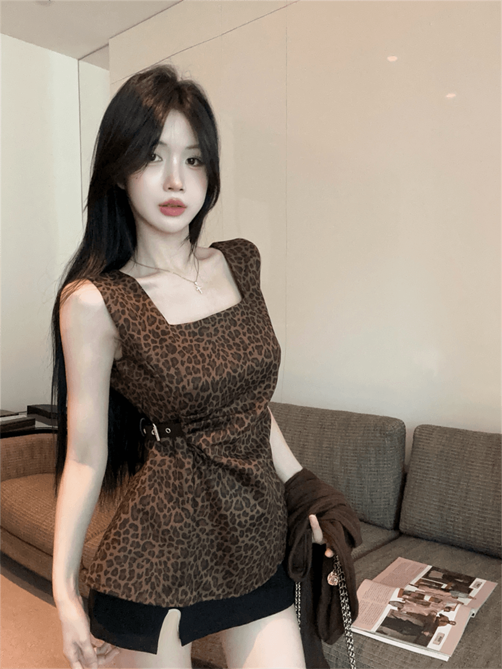 실사 봄 가을 순수한 욕망 바람 광장 칼라 허리 수축 불규칙 레오파드 무늬 조끼 긴팔 핫걸 쇼트 스타일 숄 투피스 세트 이미지 2
