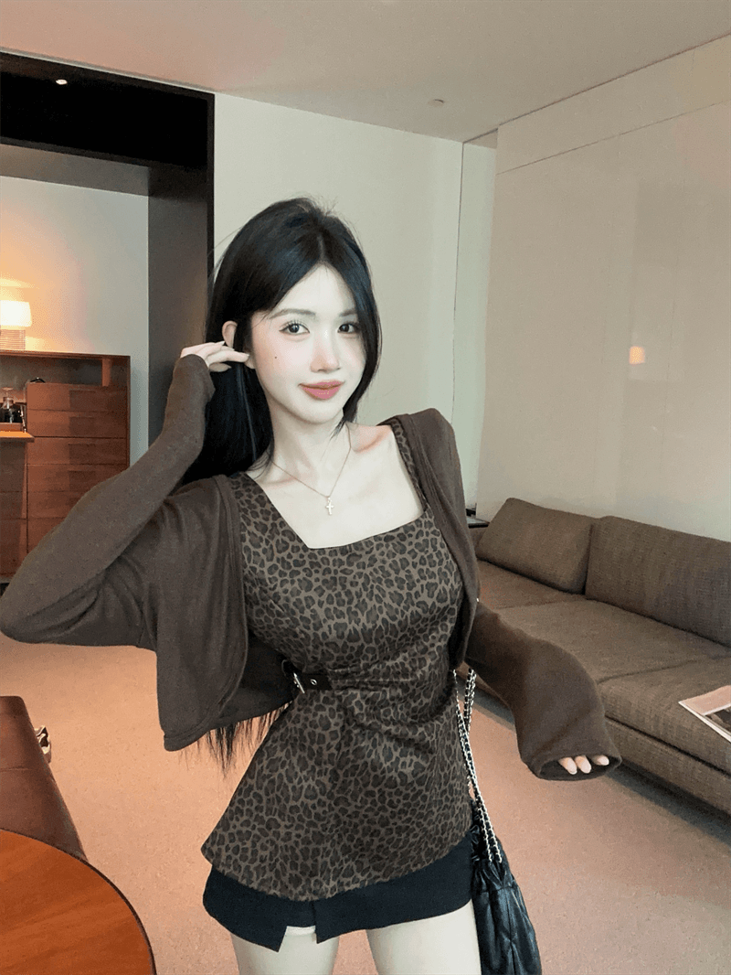 실사 봄 가을 순수한 욕망 바람 광장 칼라 허리 수축 불규칙 레오파드 무늬 조끼 긴팔 핫걸 쇼트 스타일 숄 투피스 세트 상세 이미지 4