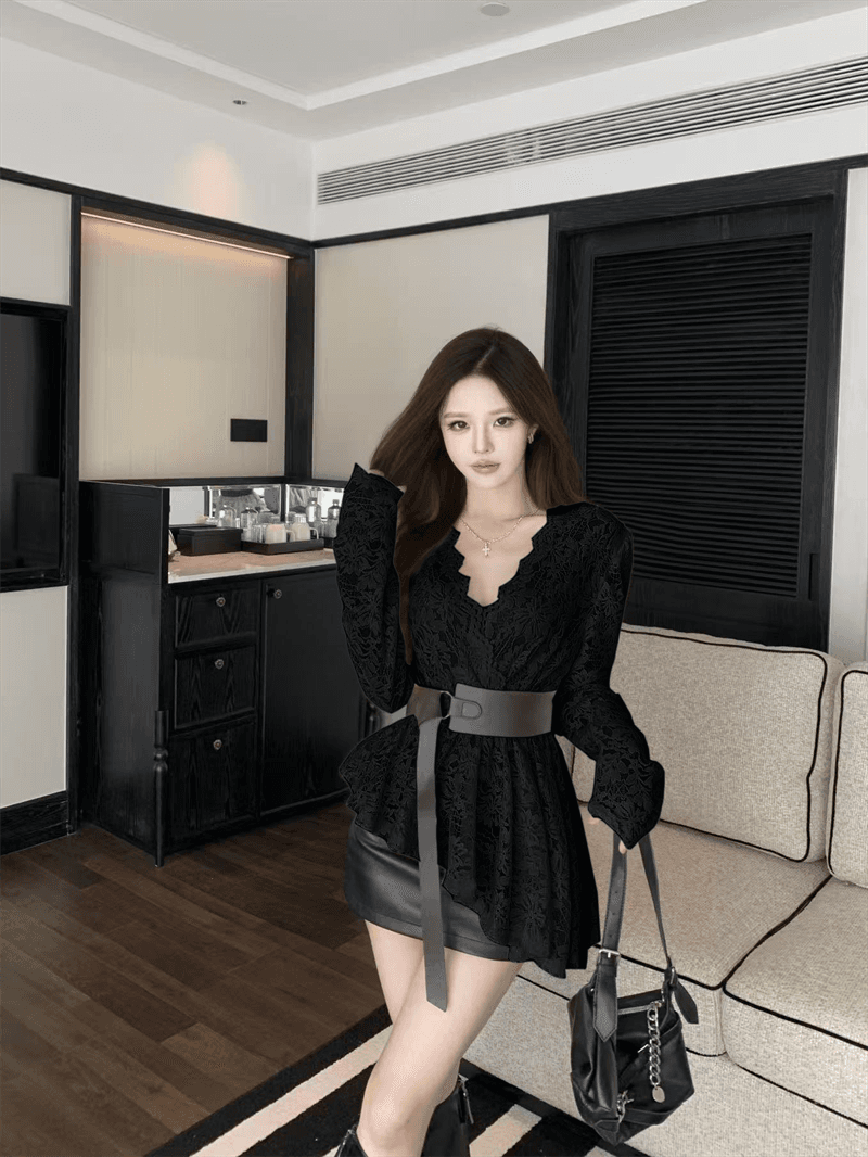 실사 봄 가을 숙녀 V넥 패치워크 레이스 측면 수리 길이 소매 벨트 포함 품격 풀오버 불규칙 레이스 셔츠 상세 이미지 2