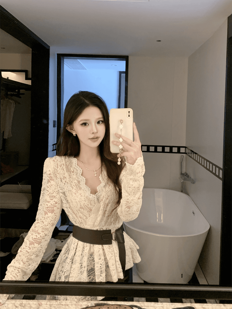 실사 봄 가을 숙녀 V넥 패치워크 레이스 측면 수리 길이 소매 벨트 포함 품격 풀오버 불규칙 레이스 셔츠 상세 이미지 8