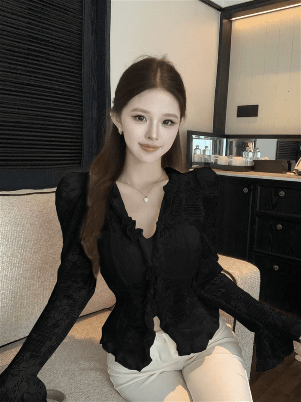 실사 순수한 욕망 바람 V넥 패치워크 새싹 리본 브래지어 홀로우 아웃 몸매 가꾸기 거품 소매 쇼트 스타일 몸매 가꾸기 풀오버 셔츠 이미지 3