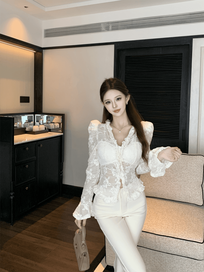 실사 순수한 욕망 바람 V넥 패치워크 새싹 리본 브래지어 홀로우 아웃 몸매 가꾸기 거품 소매 쇼트 스타일 몸매 가꾸기 풀오버 셔츠 상세 이미지 8