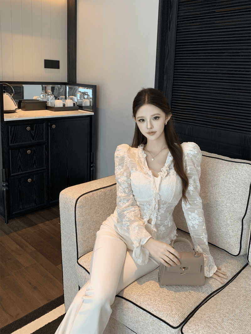 실사 순수한 욕망 바람 V넥 패치워크 새싹 리본 브래지어 홀로우 아웃 몸매 가꾸기 거품 소매 쇼트 스타일 몸매 가꾸기 풀오버 셔츠 상세 이미지 10
