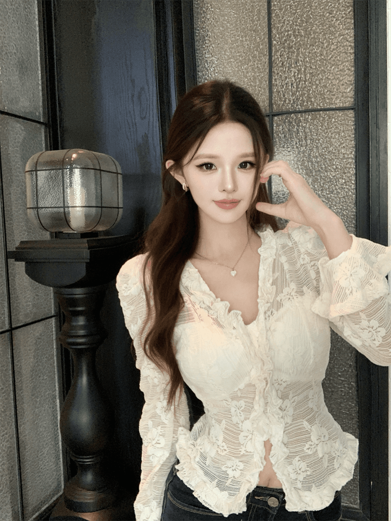 실사 순수한 욕망 바람 V넥 패치워크 새싹 리본 브래지어 홀로우 아웃 몸매 가꾸기 거품 소매 쇼트 스타일 몸매 가꾸기 풀오버 셔츠 상세 이미지 12