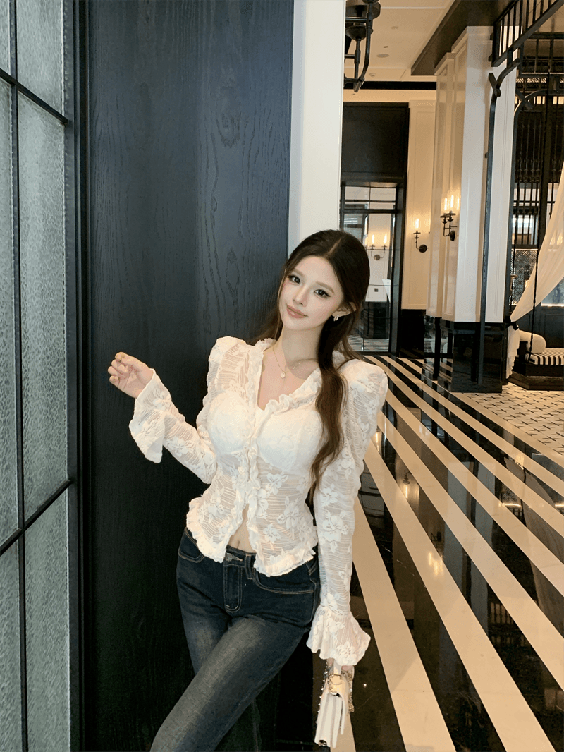 실사 순수한 욕망 바람 V넥 패치워크 새싹 리본 브래지어 홀로우 아웃 몸매 가꾸기 거품 소매 쇼트 스타일 몸매 가꾸기 풀오버 셔츠 상세 이미지 14