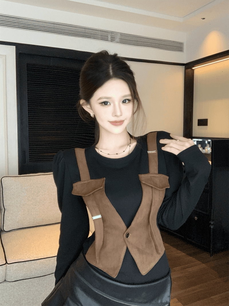 실사 새로운 베스트 디자인 센스 패션 페이크 레이어드 다용도 배색 작은 대중 맨위 기본 셔츠 긴팔 상세 이미지 1