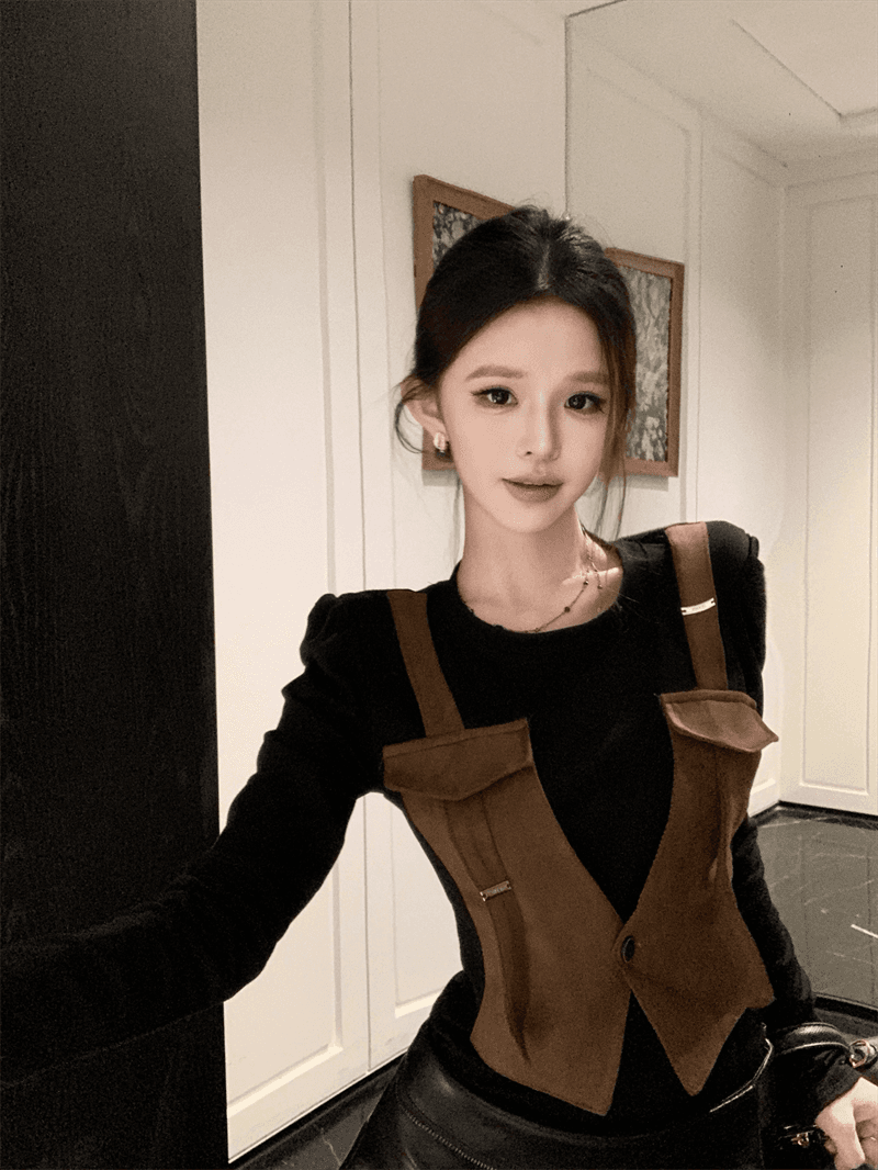 실사 새로운 베스트 디자인 센스 패션 페이크 레이어드 다용도 배색 작은 대중 맨위 기본 셔츠 긴팔 상세 이미지 3