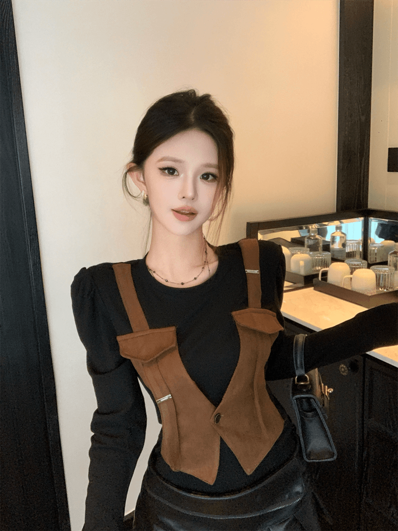 실사 새로운 베스트 디자인 센스 패션 페이크 레이어드 다용도 배색 작은 대중 맨위 기본 셔츠 긴팔 상세 이미지 8