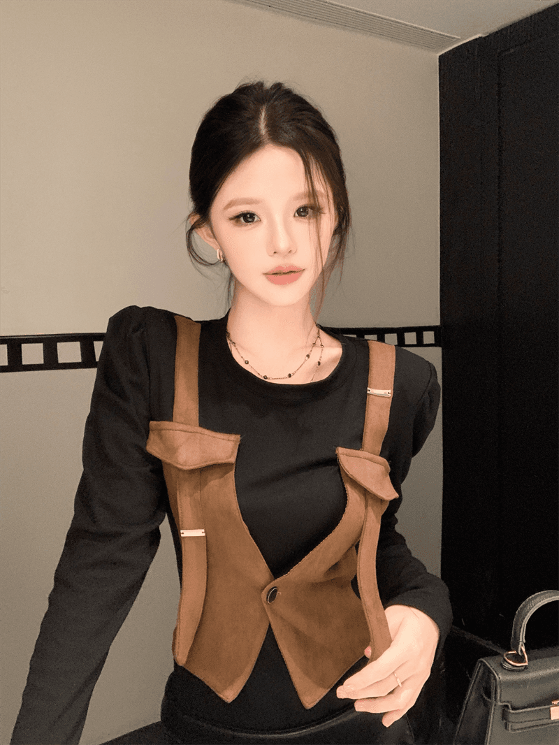 실사 새로운 베스트 디자인 센스 패션 페이크 레이어드 다용도 배색 작은 대중 맨위 기본 셔츠 긴팔 상세 이미지 11