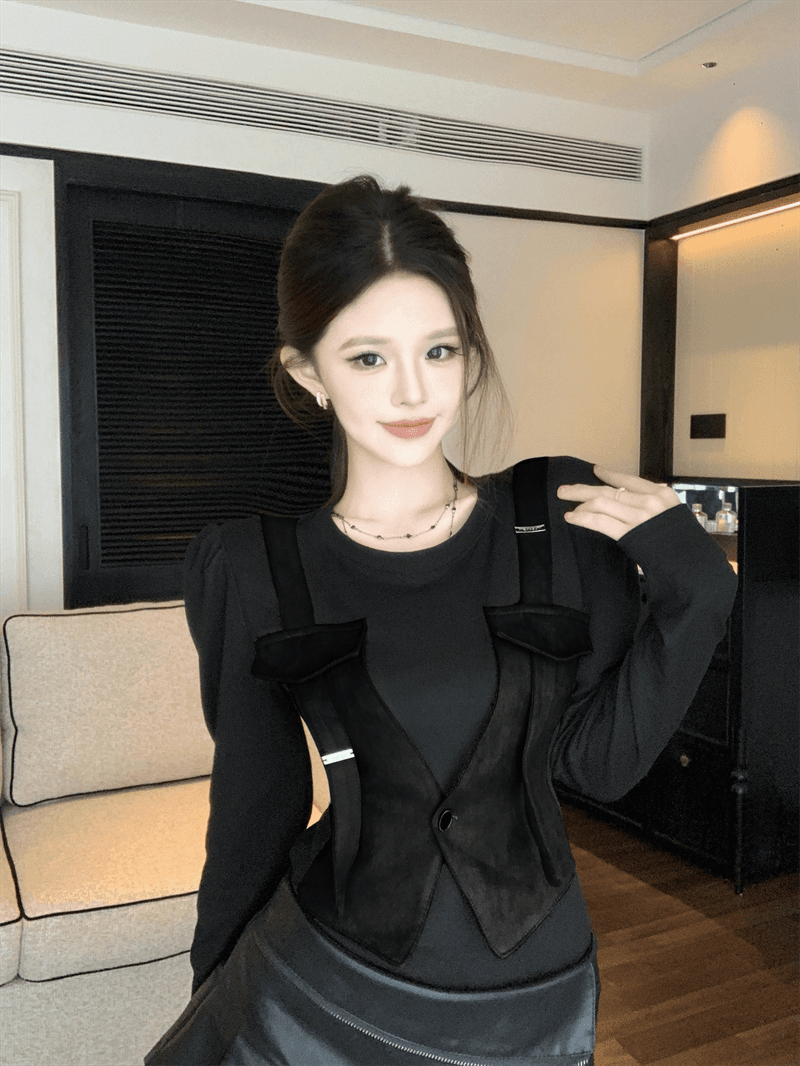 실사 새로운 베스트 디자인 센스 패션 페이크 레이어드 다용도 배색 작은 대중 맨위 기본 셔츠 긴팔 상세 이미지 14
