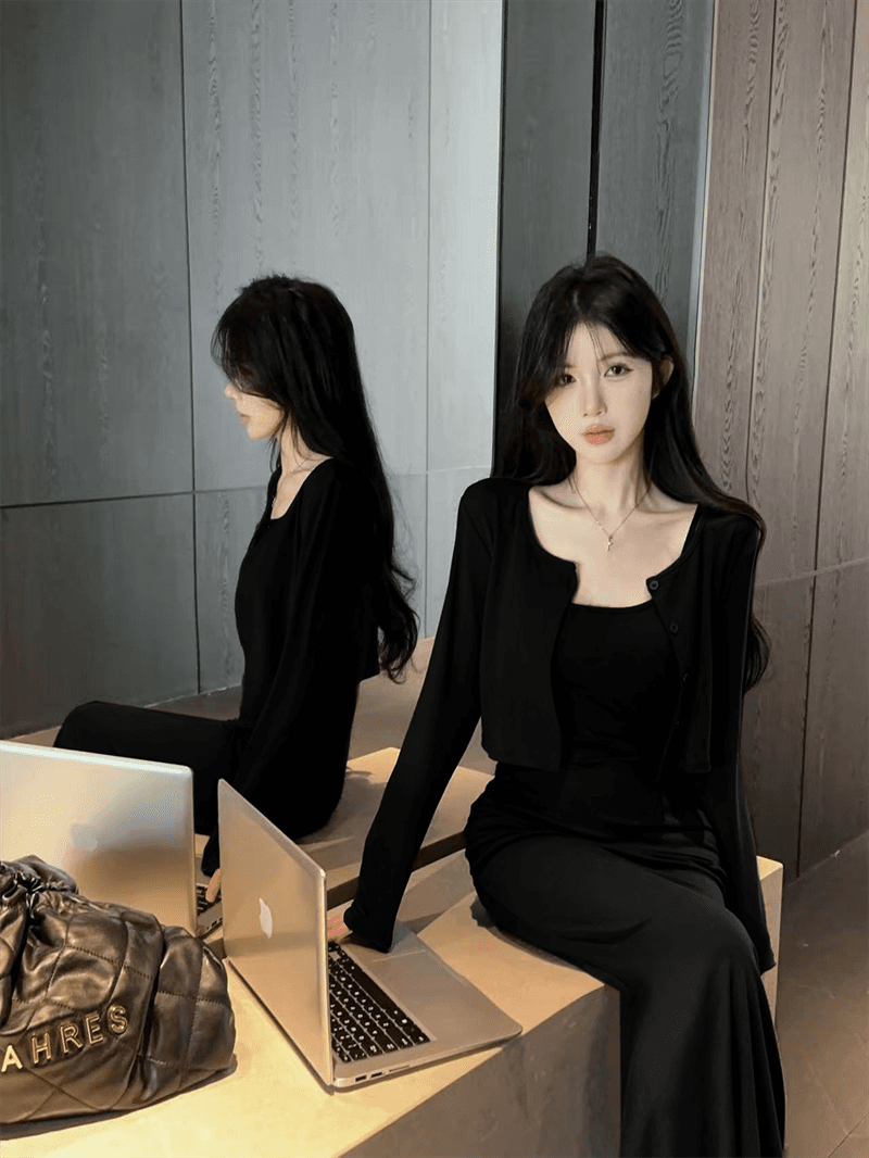실사 가을 낮음 V넥 섹시함 타이트 스커트 롱 코트 슬립 드레스 쇼트 스타일 긴팔 오픈 가디건 숄 투피스 세트 상세 이미지 8