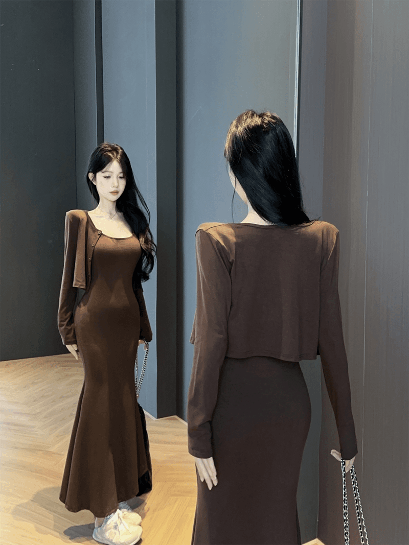 실사 가을 낮음 V넥 섹시함 타이트 스커트 롱 코트 슬립 드레스 쇼트 스타일 긴팔 오픈 가디건 숄 투피스 세트 상세 이미지 14