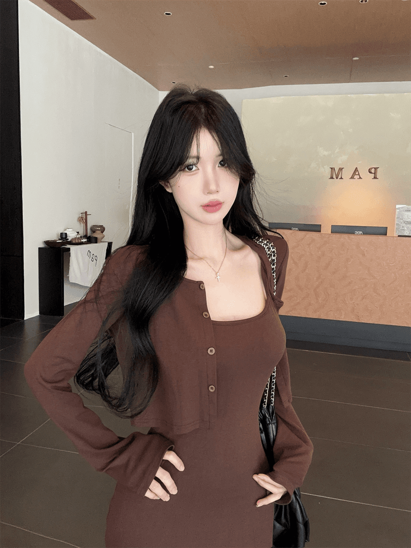 실사 가을 낮음 V넥 섹시함 타이트 스커트 롱 코트 슬립 드레스 쇼트 스타일 긴팔 오픈 가디건 숄 투피스 세트 상세 이미지 16