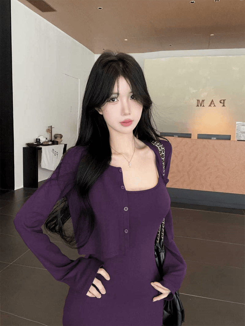 실사 가을 낮음 V넥 섹시함 타이트 스커트 롱 코트 슬립 드레스 쇼트 스타일 긴팔 오픈 가디건 숄 투피스 세트 상세 이미지 1