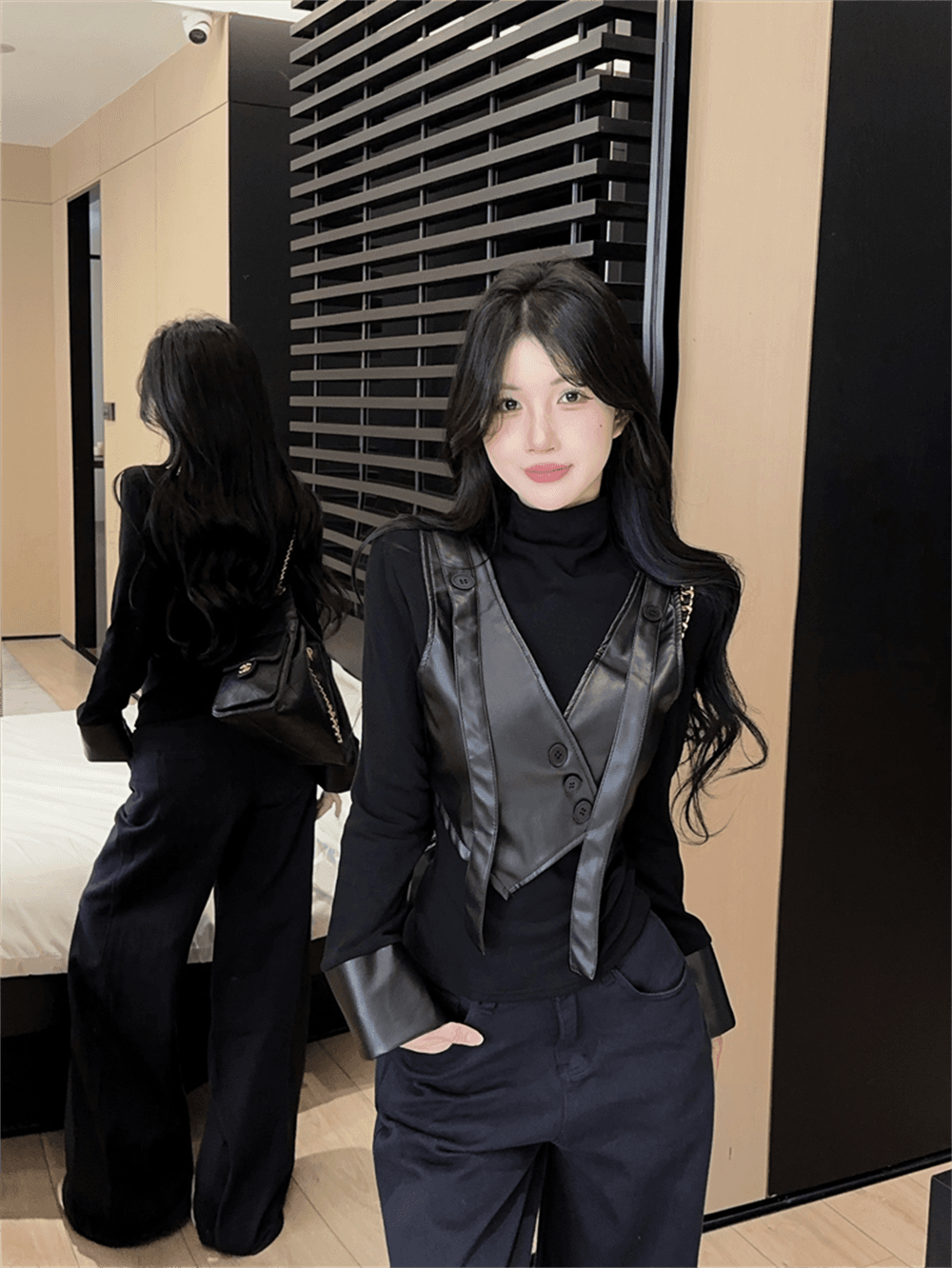 실사 봄 가을 한국 스타일 터틀넥 몸매 가꾸기 만나는 패치워크 달콤함 불규칙 가죽 조끼 핫걸 가짜 2 피스 슈트 티셔츠 이미지 3