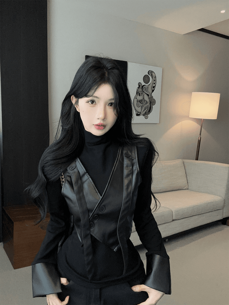 실사 봄 가을 한국 스타일 터틀넥 몸매 가꾸기 만나는 패치워크 달콤함 불규칙 가죽 조끼 핫걸 가짜 2 피스 슈트 티셔츠 상세 이미지 8