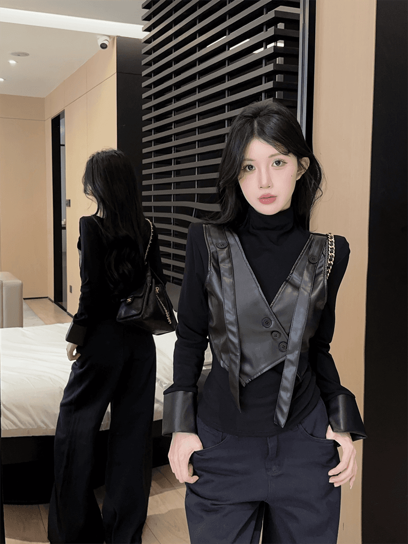 실사 봄 가을 한국 스타일 터틀넥 몸매 가꾸기 만나는 패치워크 달콤함 불규칙 가죽 조끼 핫걸 가짜 2 피스 슈트 티셔츠 상세 이미지 9
