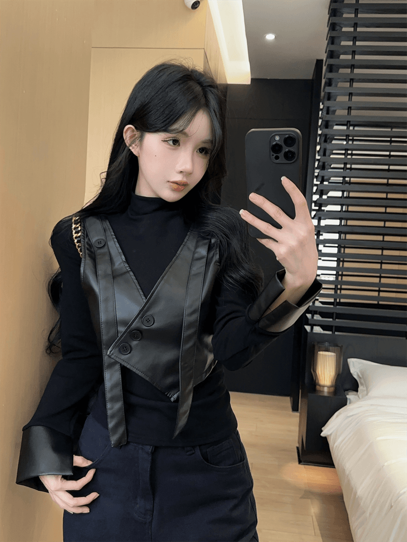 실사 봄 가을 한국 스타일 터틀넥 몸매 가꾸기 만나는 패치워크 달콤함 불규칙 가죽 조끼 핫걸 가짜 2 피스 슈트 티셔츠 상세 이미지 12