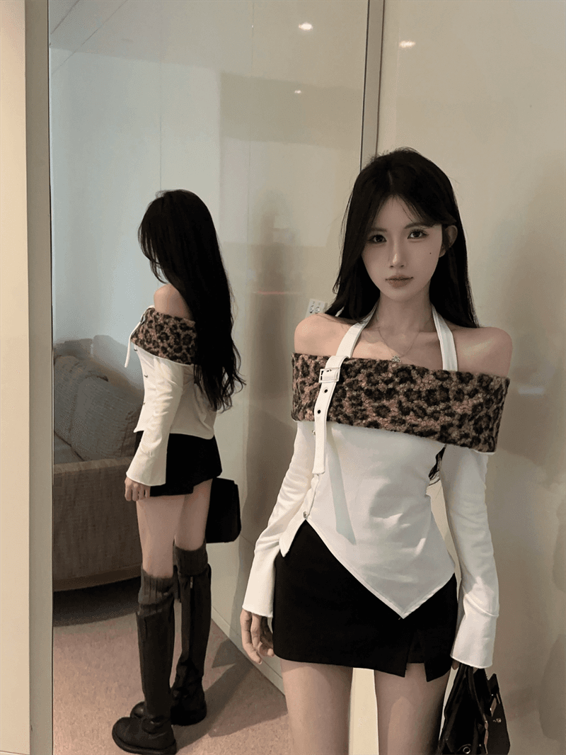 실사 핫걸 바람 오프숄더 보트넥 패치워크 행침 목 스타일 불규칙 배색 레오파드 무늬 털이 있고 두꺼운 쇼트 스타일 티셔츠 상세 이미지 5