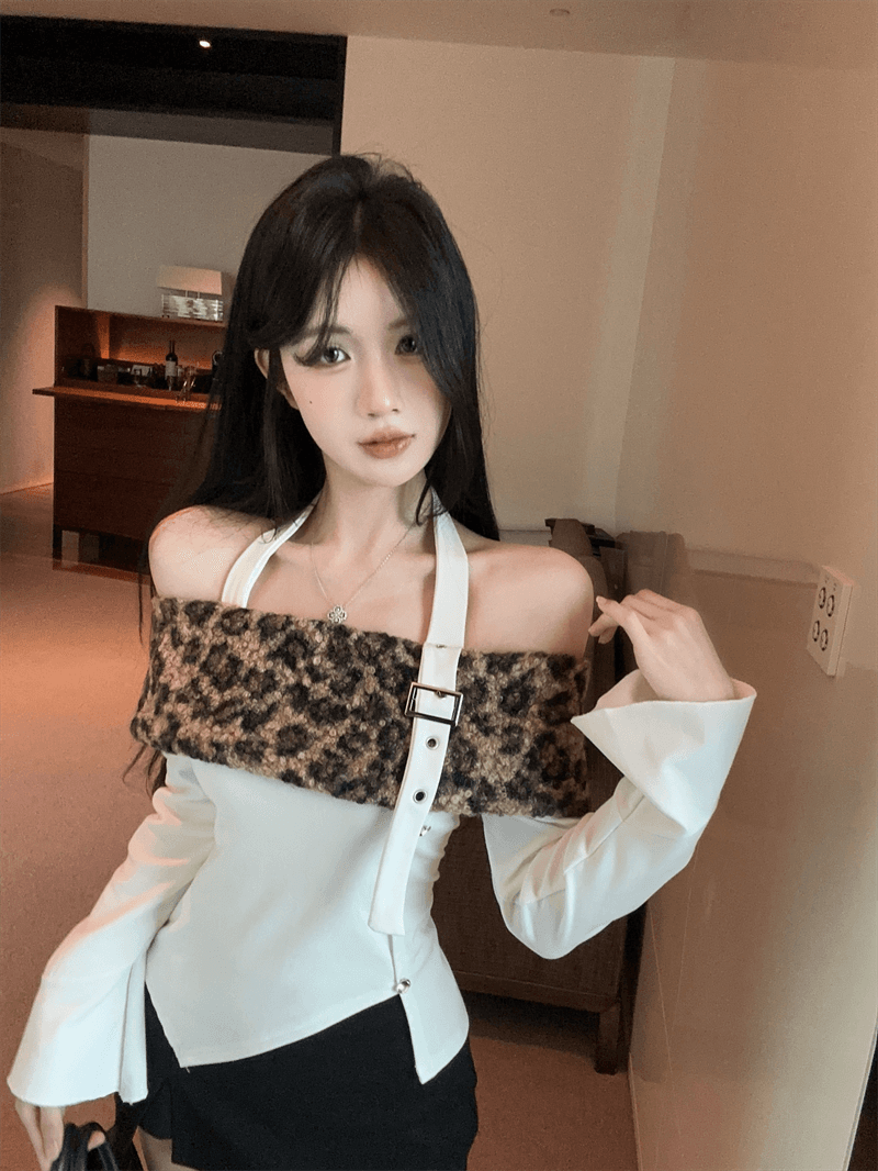 실사 핫걸 바람 오프숄더 보트넥 패치워크 행침 목 스타일 불규칙 배색 레오파드 무늬 털이 있고 두꺼운 쇼트 스타일 티셔츠 상세 이미지 8