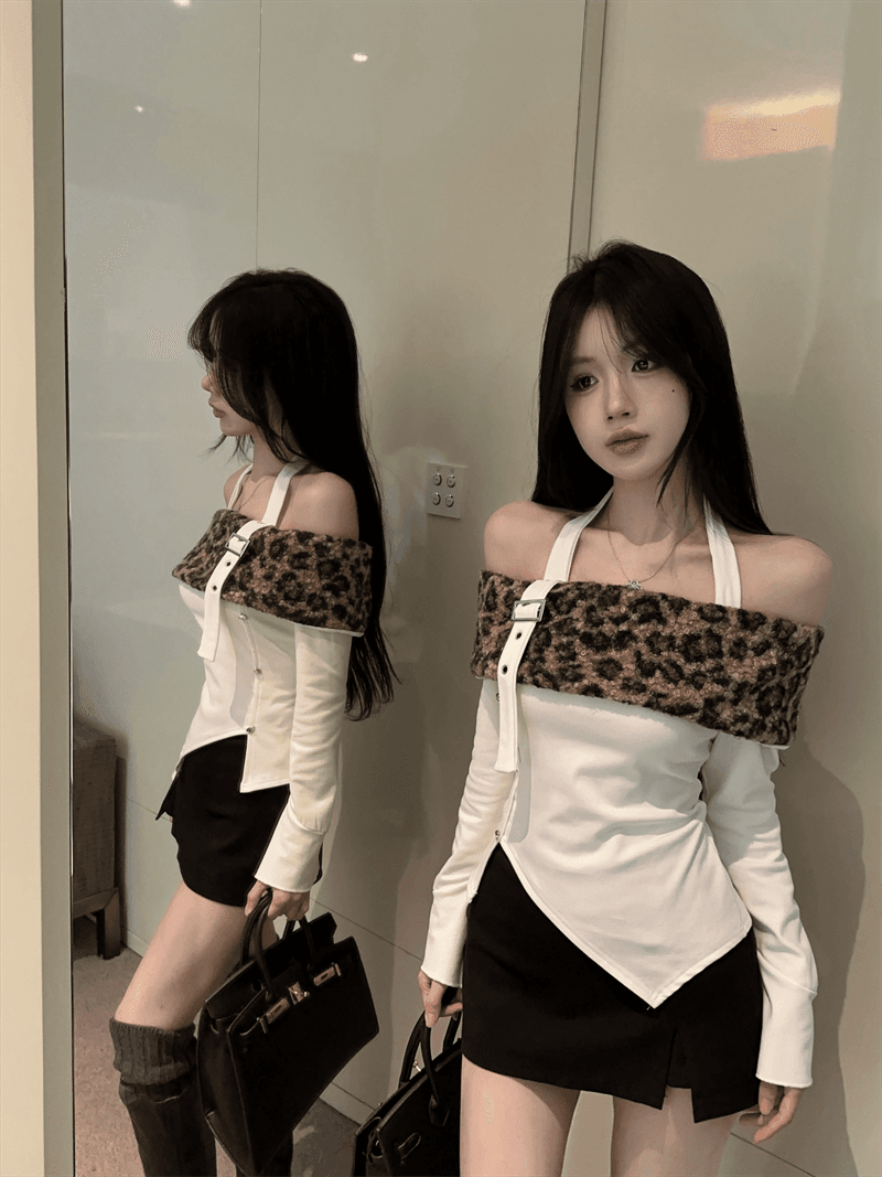 실사 핫걸 바람 오프숄더 보트넥 패치워크 행침 목 스타일 불규칙 배색 레오파드 무늬 털이 있고 두꺼운 쇼트 스타일 티셔츠 상세 이미지 10