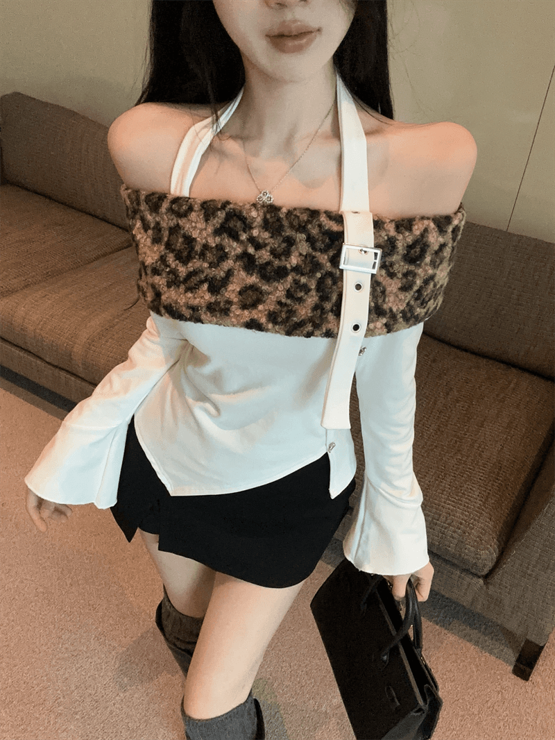 실사 핫걸 바람 오프숄더 보트넥 패치워크 행침 목 스타일 불규칙 배색 레오파드 무늬 털이 있고 두꺼운 쇼트 스타일 티셔츠 상세 이미지 11