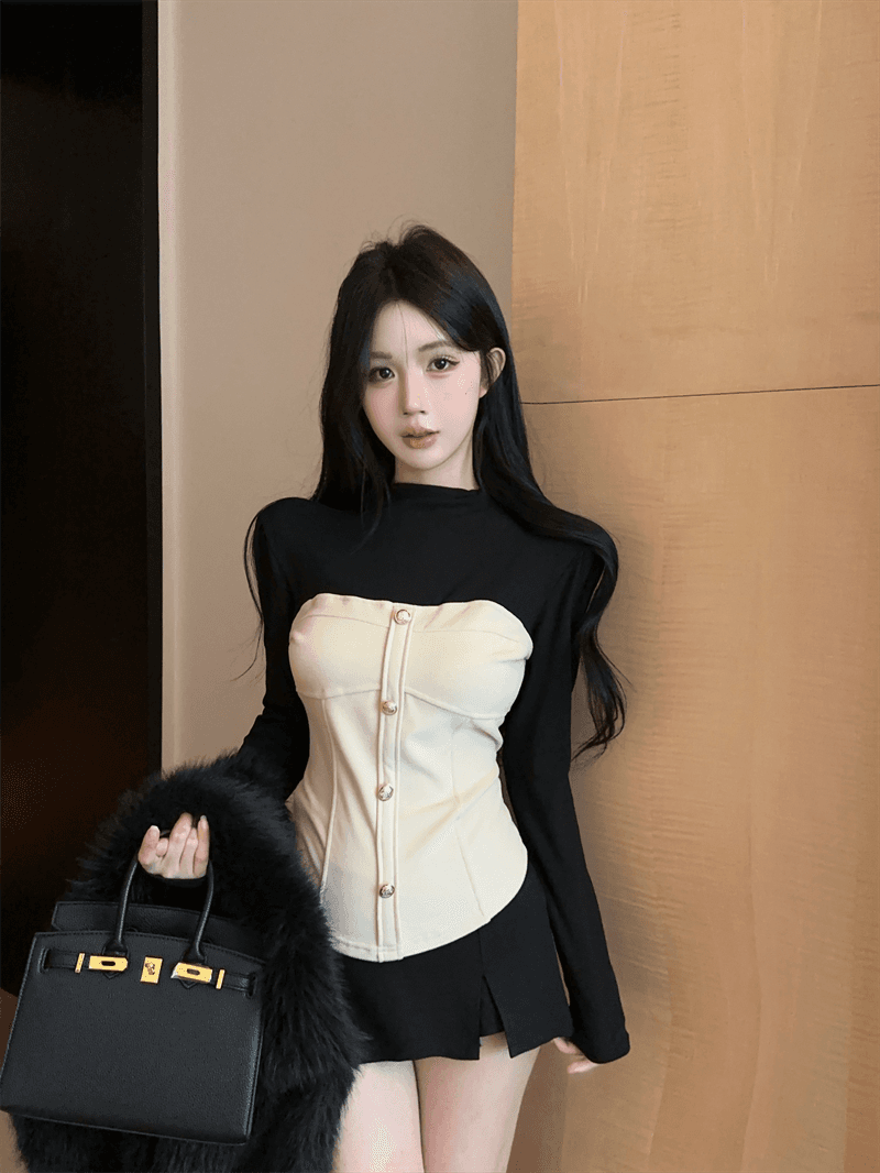 실사 한국 스타일 라운드 넥 패치워크 싱글 줄 버튼 몸매 가꾸기 쇼트 스타일 배색 가짜 2 피스 슈트 핫걸 만나는 티셔츠 트렌디 상세 이미지 7