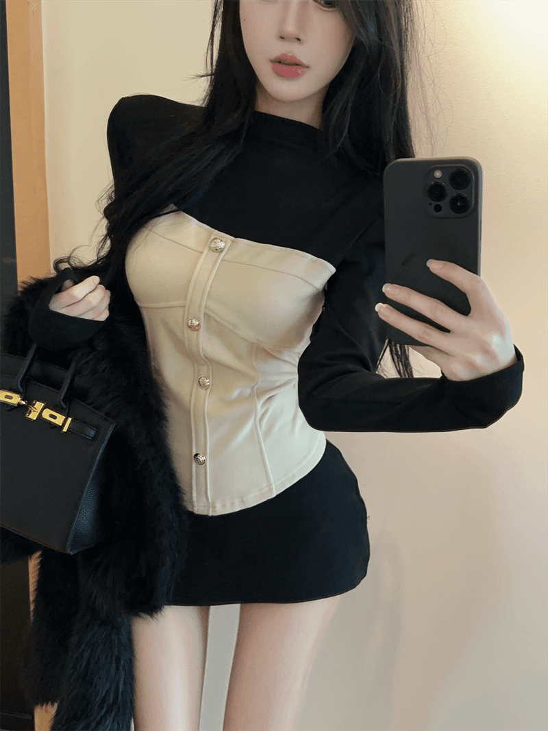 실사 한국 스타일 라운드 넥 패치워크 싱글 줄 버튼 몸매 가꾸기 쇼트 스타일 배색 가짜 2 피스 슈트 핫걸 만나는 티셔츠 트렌디 상세 이미지 15