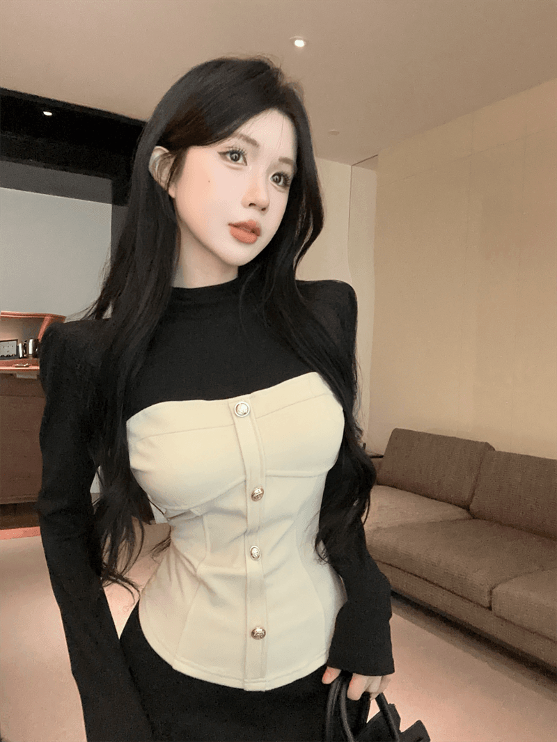 실사 한국 스타일 라운드 넥 패치워크 싱글 줄 버튼 몸매 가꾸기 쇼트 스타일 배색 가짜 2 피스 슈트 핫걸 만나는 티셔츠 트렌디 상세 이미지 17