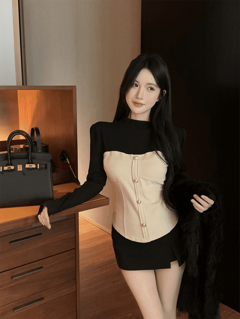 실사 한국 스타일 라운드 넥 패치워크 싱글 줄 버튼 몸매 가꾸기 쇼트 스타일 배색 가짜 2 피스 슈트 핫걸 만나는 티셔츠 트렌디 상세 이미지 18