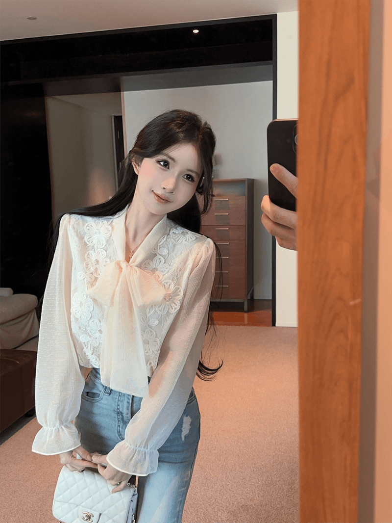 실사 봄 가을 프랑스식 나비 매듭 패치워크 프린트 거품 소매 셔츠 디자인 센스 루즈핏 싱글 줄 버튼 오픈 가디건 셔츠