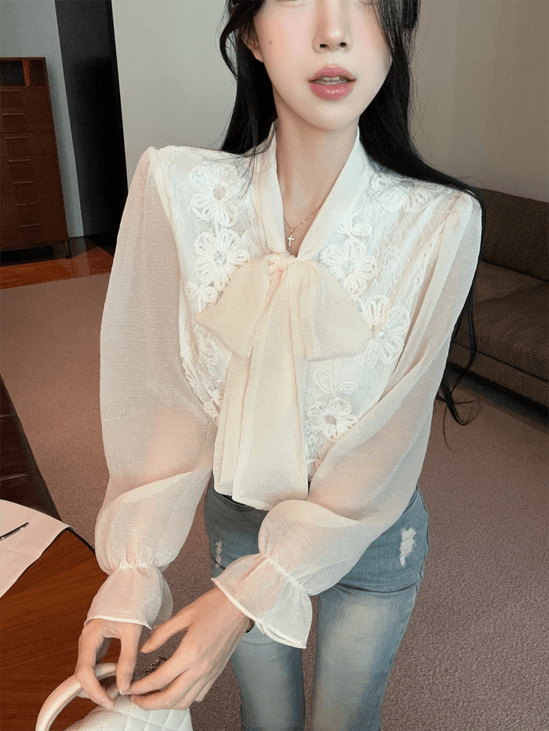 실사 봄 가을 프랑스식 나비 매듭 패치워크 프린트 거품 소매 셔츠 디자인 센스 루즈핏 싱글 줄 버튼 오픈 가디건 셔츠 상세 이미지 1