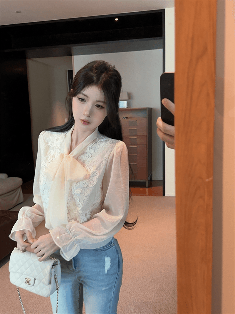 실사 봄 가을 프랑스식 나비 매듭 패치워크 프린트 거품 소매 셔츠 디자인 센스 루즈핏 싱글 줄 버튼 오픈 가디건 셔츠 상세 이미지 4
