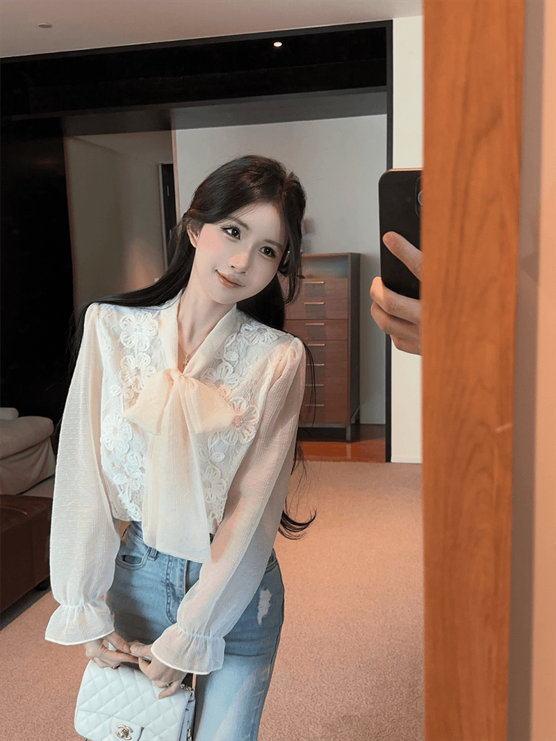 실사 봄 가을 프랑스식 나비 매듭 패치워크 프린트 거품 소매 셔츠 디자인 센스 루즈핏 싱글 줄 버튼 오픈 가디건 셔츠 상세 이미지 5