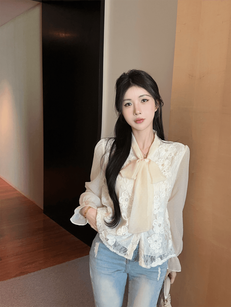 실사 봄 가을 프랑스식 나비 매듭 패치워크 프린트 거품 소매 셔츠 디자인 센스 루즈핏 싱글 줄 버튼 오픈 가디건 셔츠 상세 이미지 6