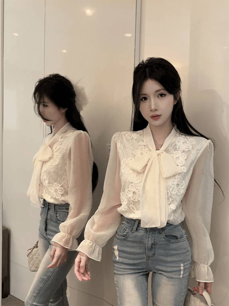 실사 봄 가을 프랑스식 나비 매듭 패치워크 프린트 거품 소매 셔츠 디자인 센스 루즈핏 싱글 줄 버튼 오픈 가디건 셔츠 상세 이미지 7