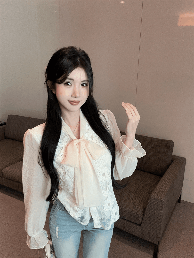실사 봄 가을 프랑스식 나비 매듭 패치워크 프린트 거품 소매 셔츠 디자인 센스 루즈핏 싱글 줄 버튼 오픈 가디건 셔츠 상세 이미지 8
