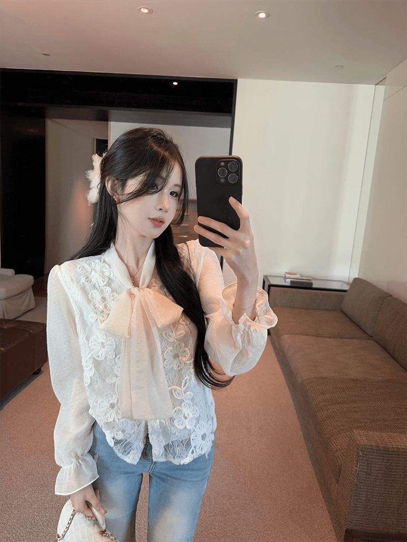 실사 봄 가을 프랑스식 나비 매듭 패치워크 프린트 거품 소매 셔츠 디자인 센스 루즈핏 싱글 줄 버튼 오픈 가디건 셔츠 상세 이미지 10