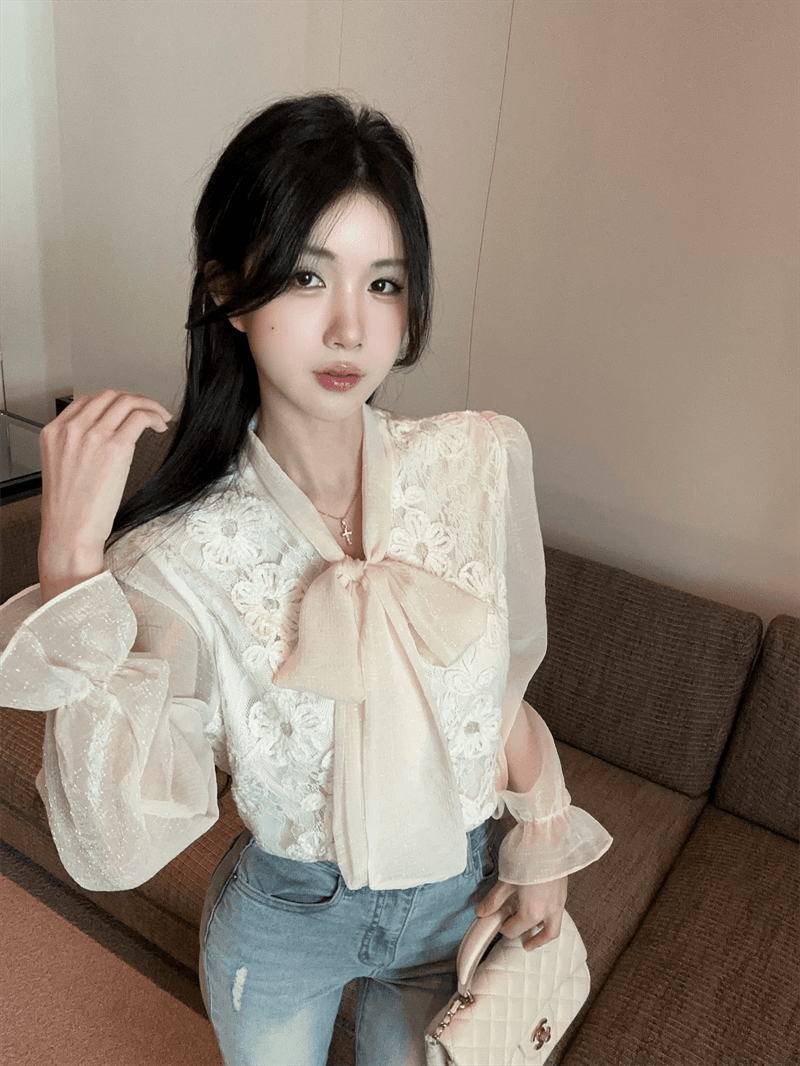 실사 봄 가을 프랑스식 나비 매듭 패치워크 프린트 거품 소매 셔츠 디자인 센스 루즈핏 싱글 줄 버튼 오픈 가디건 셔츠 상세 이미지 11