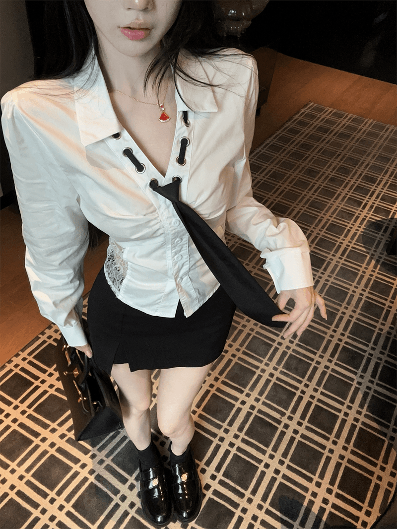 실사 봄 가을 V넥 패치워크 거품 소매 레이스 홀로우 아웃 불규칙 달콤함 경기 넥타이 쇼트 스타일 싱글 줄 버튼 셔츠 상세 이미지 2