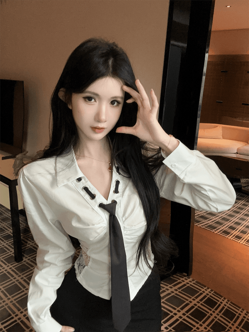 실사 봄 가을 V넥 패치워크 거품 소매 레이스 홀로우 아웃 불규칙 달콤함 경기 넥타이 쇼트 스타일 싱글 줄 버튼 셔츠 상세 이미지 3
