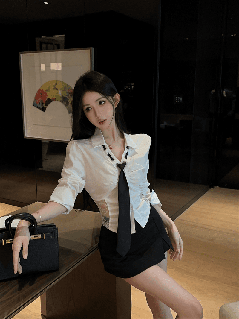 실사 봄 가을 V넥 패치워크 거품 소매 레이스 홀로우 아웃 불규칙 달콤함 경기 넥타이 쇼트 스타일 싱글 줄 버튼 셔츠 상세 이미지 7