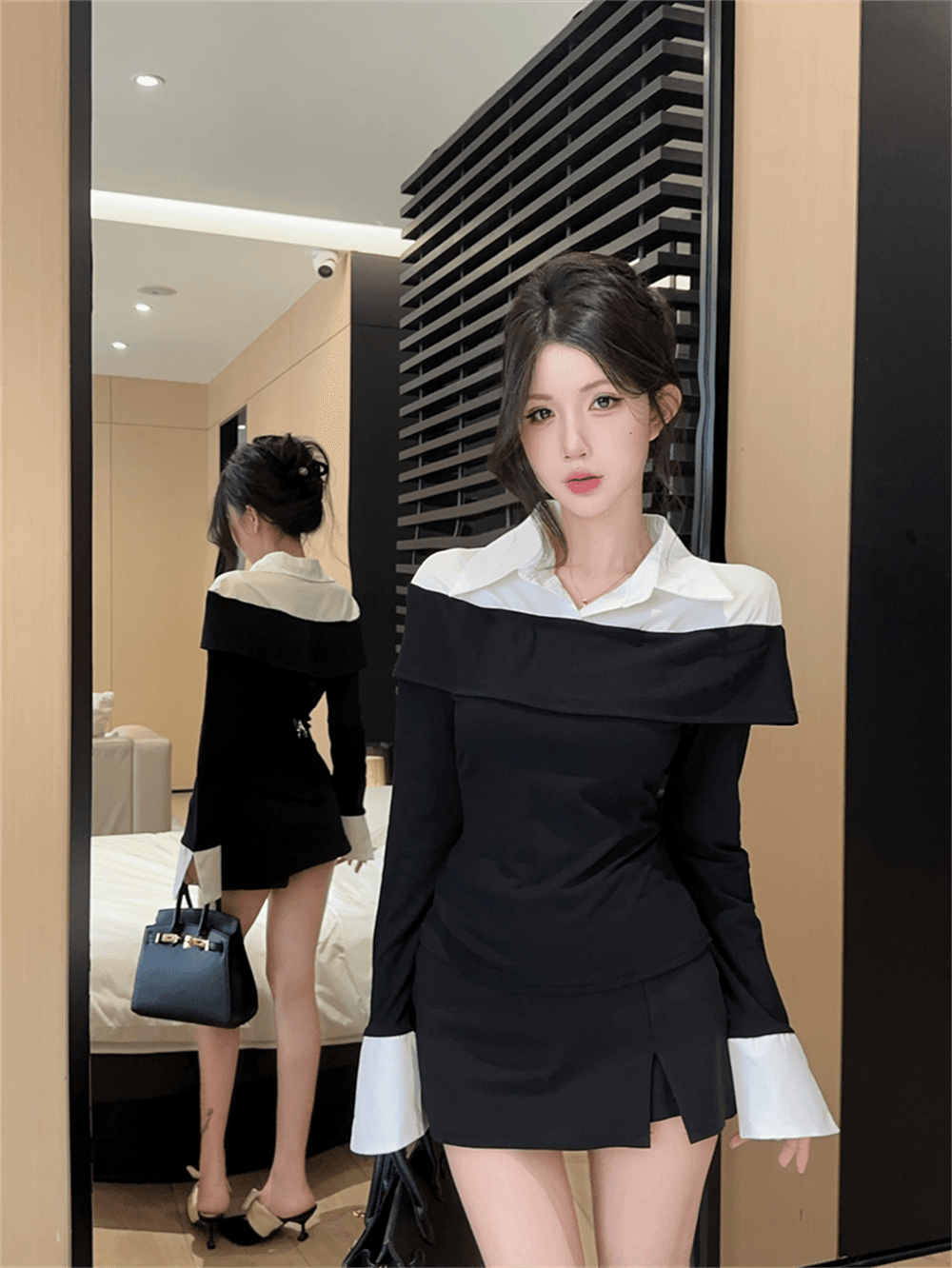 실사 봄 가을 한국 스타일 POLO 칼라 패치워크 프릴 몸매 가꾸기 가짜 2 피스 슈트 순수한 욕망 바람 배색 외국 가스 티셔츠 트렌디 이미지 2