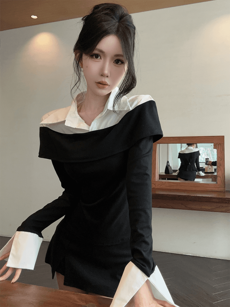 실사 봄 가을 한국 스타일 POLO 칼라 패치워크 프릴 몸매 가꾸기 가짜 2 피스 슈트 순수한 욕망 바람 배색 외국 가스 티셔츠 트렌디 상세 이미지 1