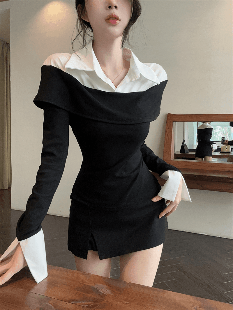 실사 봄 가을 한국 스타일 POLO 칼라 패치워크 프릴 몸매 가꾸기 가짜 2 피스 슈트 순수한 욕망 바람 배색 외국 가스 티셔츠 트렌디 상세 이미지 2