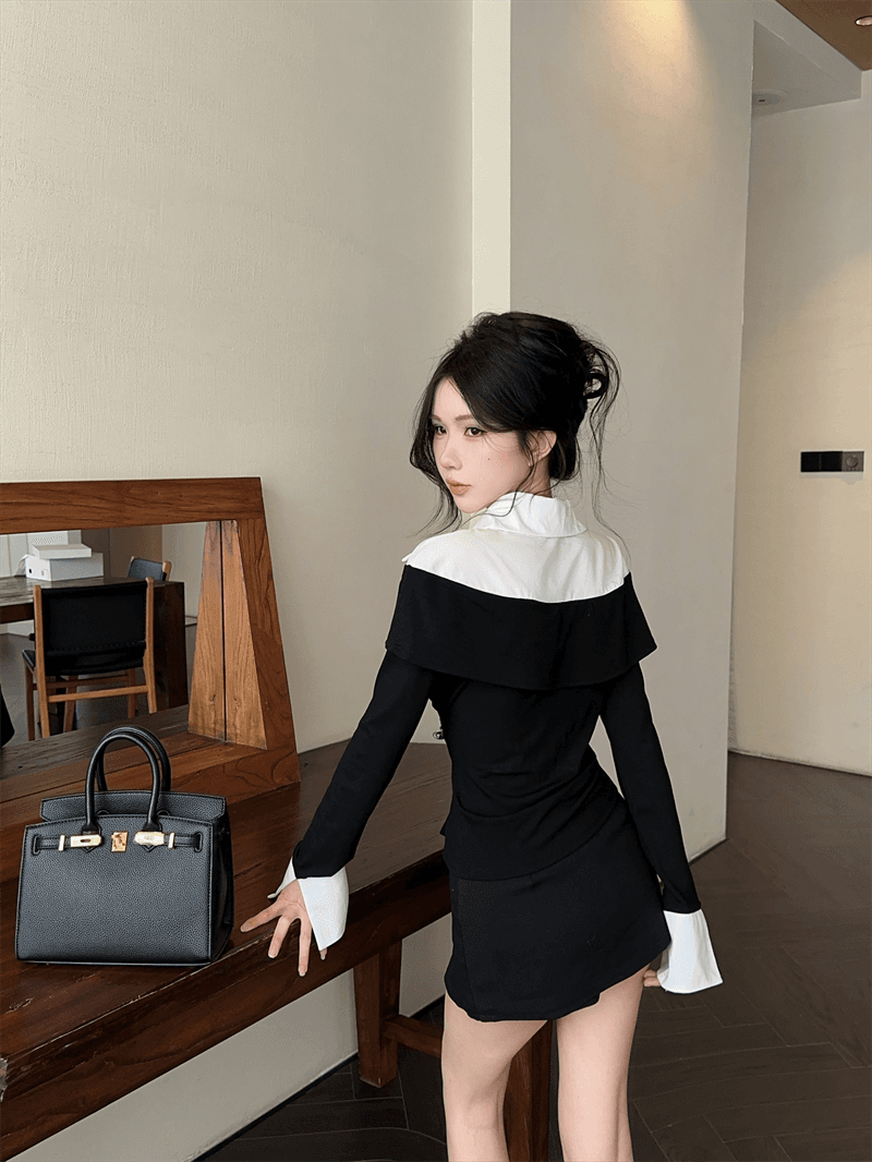 실사 봄 가을 한국 스타일 POLO 칼라 패치워크 프릴 몸매 가꾸기 가짜 2 피스 슈트 순수한 욕망 바람 배색 외국 가스 티셔츠 트렌디 상세 이미지 3