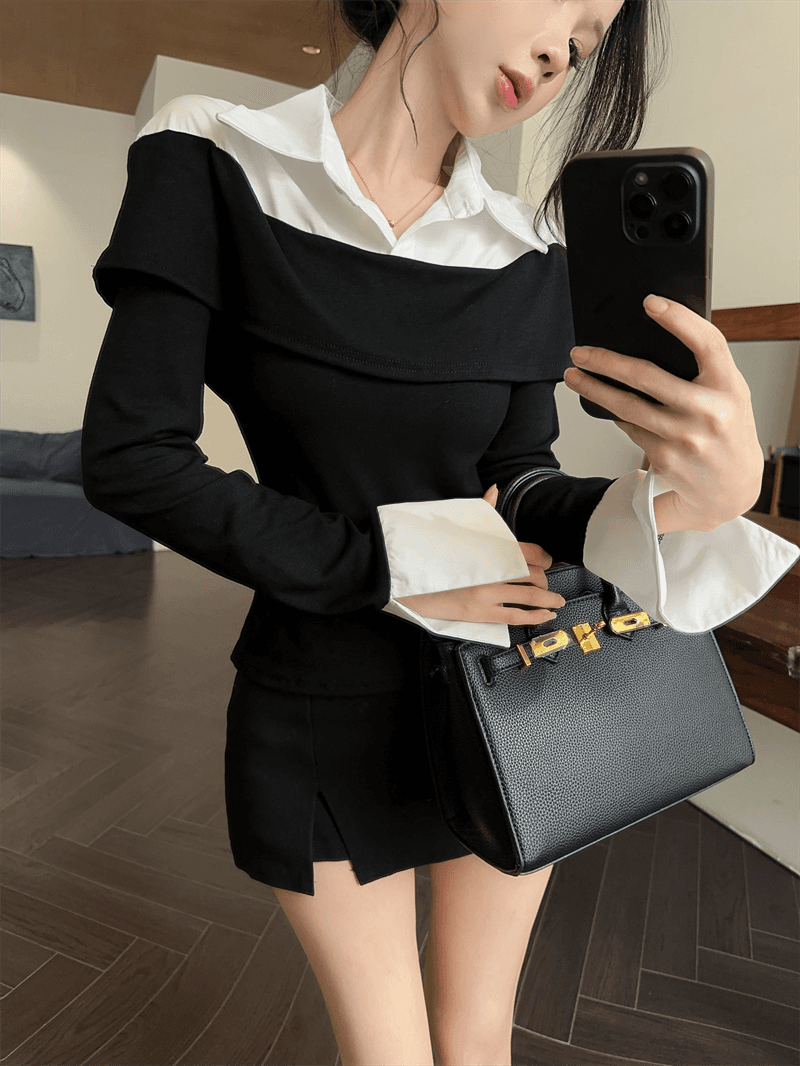 실사 봄 가을 한국 스타일 POLO 칼라 패치워크 프릴 몸매 가꾸기 가짜 2 피스 슈트 순수한 욕망 바람 배색 외국 가스 티셔츠 트렌디 상세 이미지 5