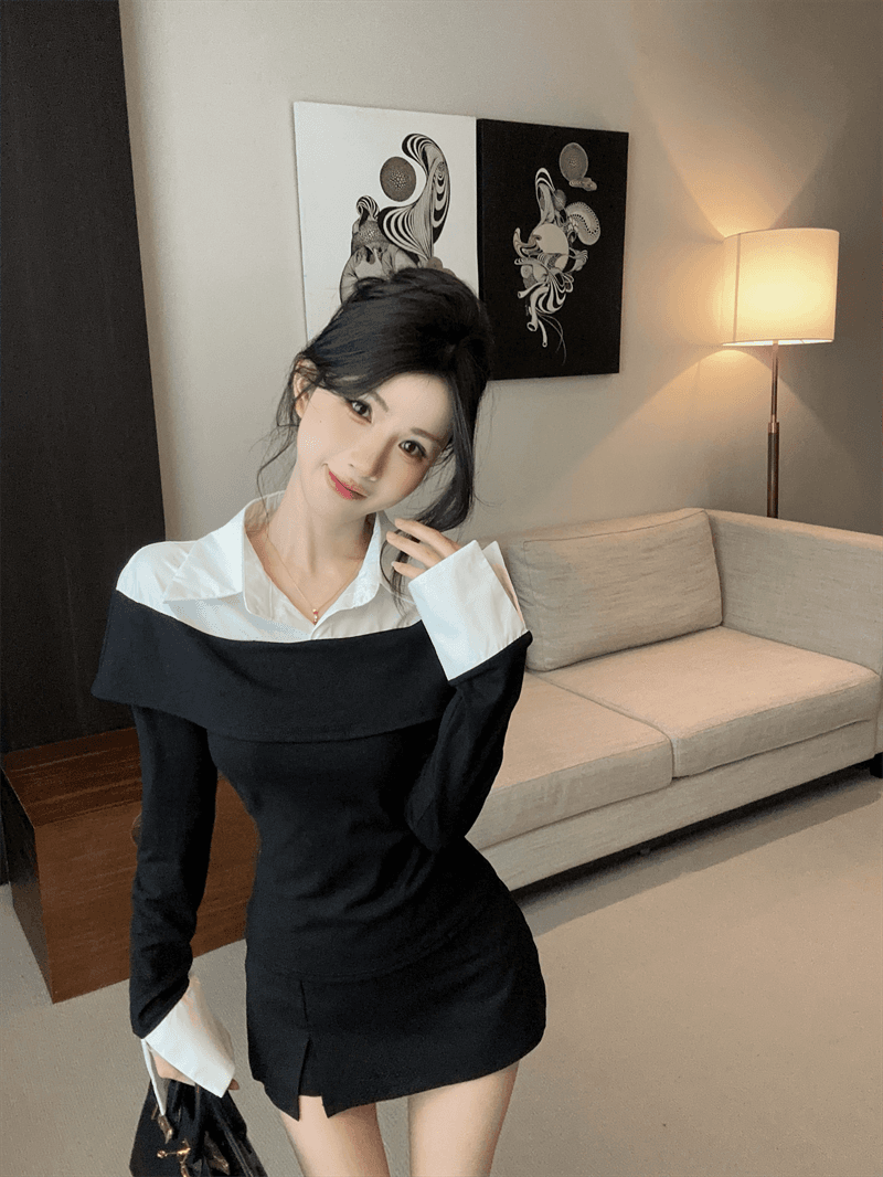 실사 봄 가을 한국 스타일 POLO 칼라 패치워크 프릴 몸매 가꾸기 가짜 2 피스 슈트 순수한 욕망 바람 배색 외국 가스 티셔츠 트렌디 상세 이미지 7
