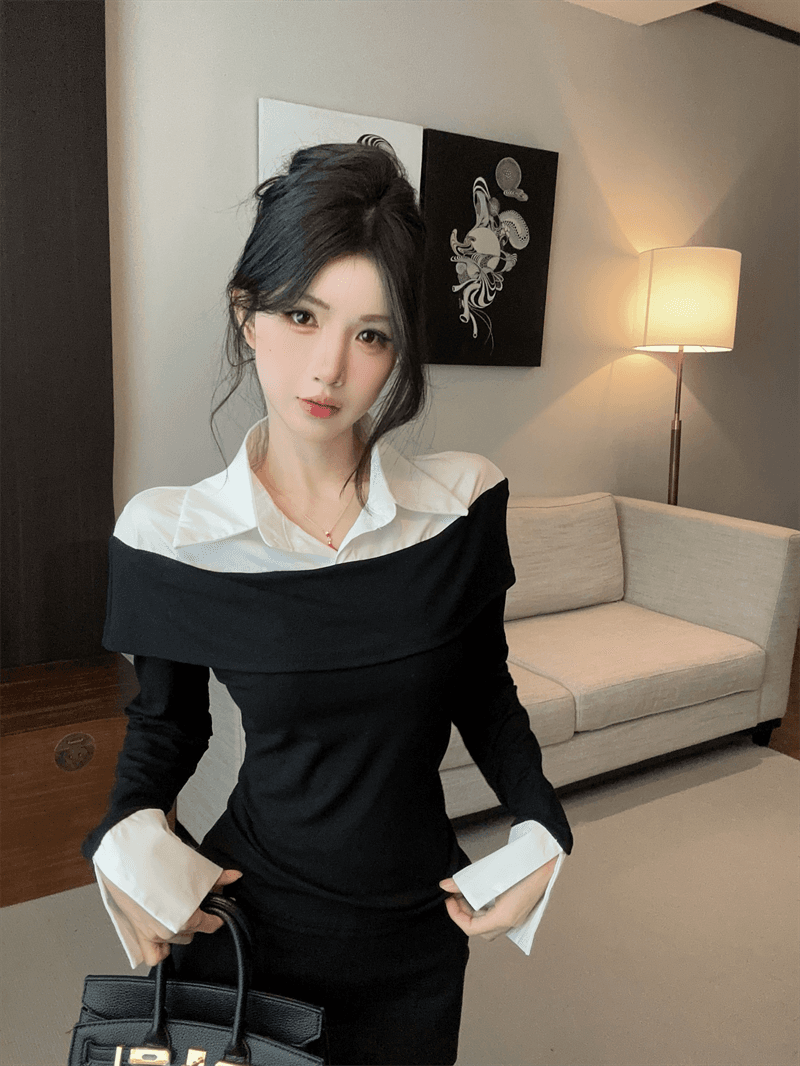 실사 봄 가을 한국 스타일 POLO 칼라 패치워크 프릴 몸매 가꾸기 가짜 2 피스 슈트 순수한 욕망 바람 배색 외국 가스 티셔츠 트렌디 상세 이미지 9